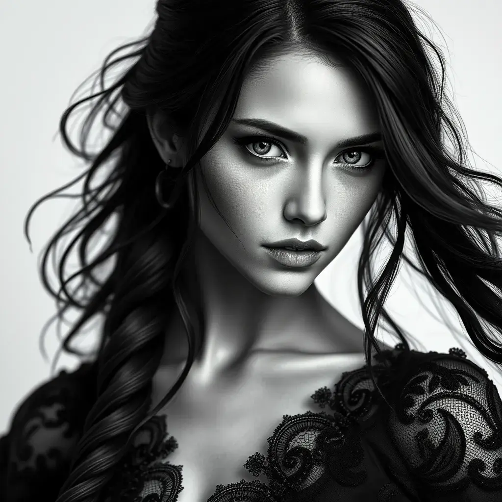 Alluring black and white matte portrait of a beautiful Yennefer with a white background in a black dress, 8k, Highly Detailed, Intricate, Half Body, Realistic, Sharp Focus, Volumetric Lighting, Fantasy, Elegant by Stanley Artgerm Lau