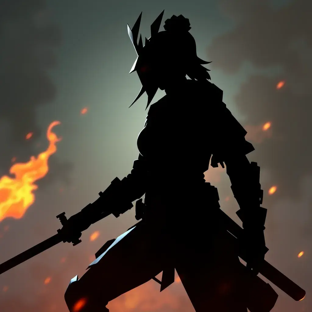 Silhouette of a samurai female assassin in the style of Fire watch, 8k, Dystopian, Trending on Artstation, Volumetric Lighting