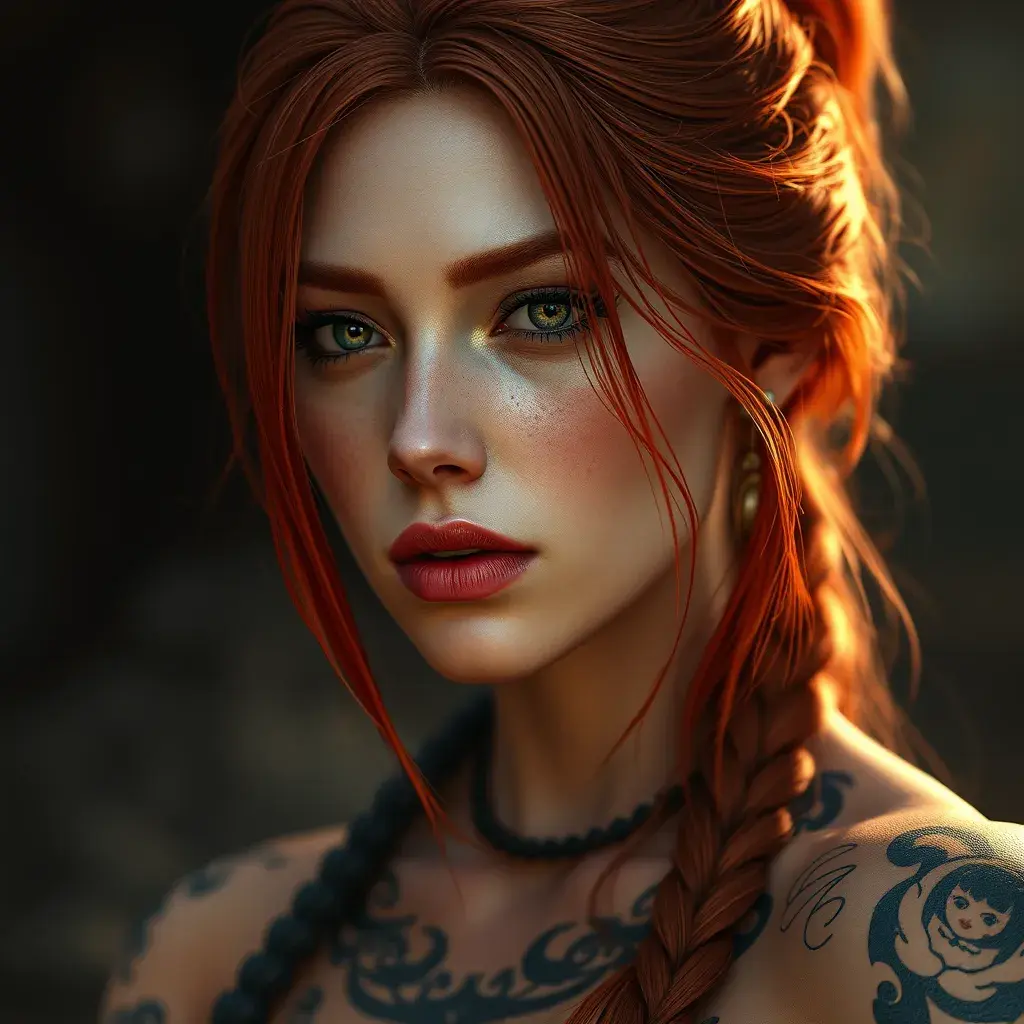 Close up of a red haired Sarah Kerrigan with tattoos, 8k, Highly Detailed, Artstation, Bokeh effect, Sharp Focus, Volumetric Lighting, Concept Art by Stanley Artgerm Lau, Greg Rutkowski