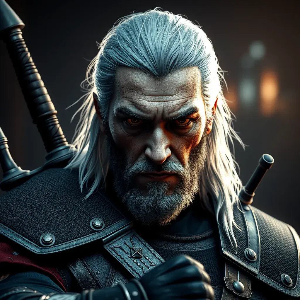 Heavily armed Geralt in The Witcher 3 style, 4k, Highly Detailed, Beautiful, Cinematic Lighting, Sharp Focus, Volumetric Lighting, Closeup Portrait, Concept Art