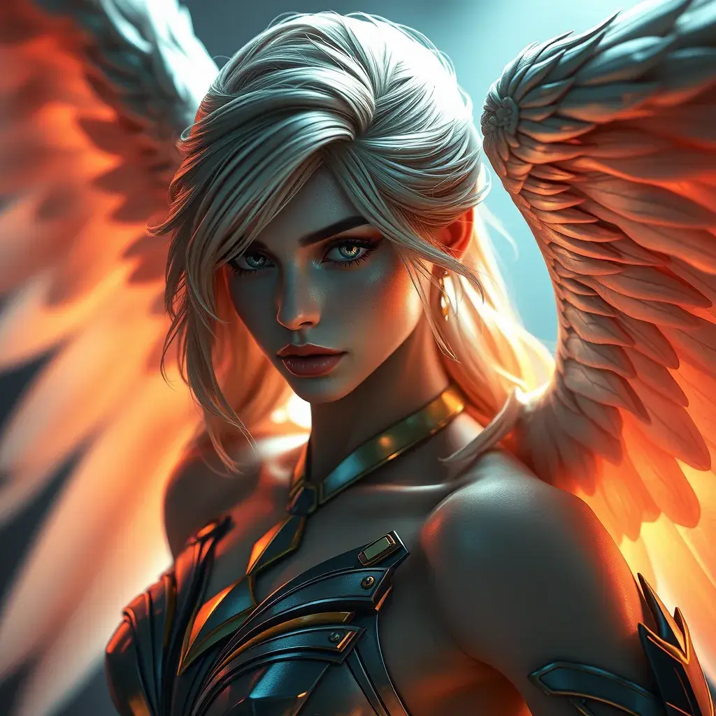 Alluring portrait of an angelic winged Kayle from League of Legends, Highly Detailed, Half Body, Photo Realistic, Sharp Focus, Octane Render, Unreal Engine, Volumetric Lighting, Fantasy