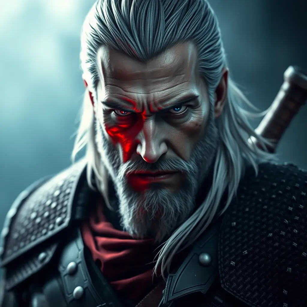 A half body matte portrait of Geralt in The Witcher 3 style armor, 4k, Highly Detailed, Beautiful, Cinematic Lighting, Sharp Focus, Volumetric Lighting, Closeup Portrait, Concept Art by Stefan Kostic