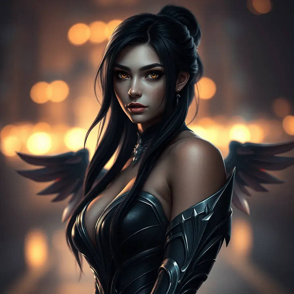 Alluring portrait of a beautiful Irelia from League of Legends in Black, Highly Detailed, Half Body, Bokeh effect, Photo Realistic by Stefan Kostic