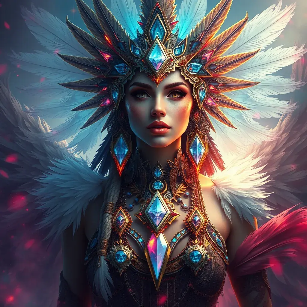 A visionary painting of a single alluring electronic mystical tribal goddess surrounded by feathers and gemstones, 8k, Highly Detailed, Intricate, Artstation, Matte Painting, Sharp Focus, Volumetric Lighting, Concept Art by Stanley Artgerm Lau, Greg Rutkowski