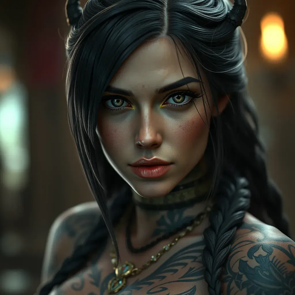 Close up of Morgana with tattoos, 8k, Highly Detailed, Artstation, Bokeh effect, Sharp Focus, Volumetric Lighting, Concept Art by Stanley Artgerm Lau, Greg Rutkowski