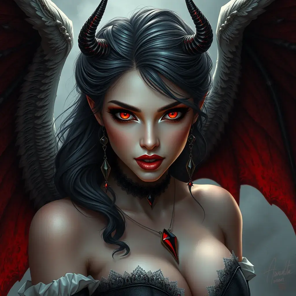 A beautiful winged romanian vampire woman with bright red eyes, fangs, perfect face, Hyper Detailed, Intricate Details, Masterpiece, Full Body, Gothic, Deviantart, Concept Art