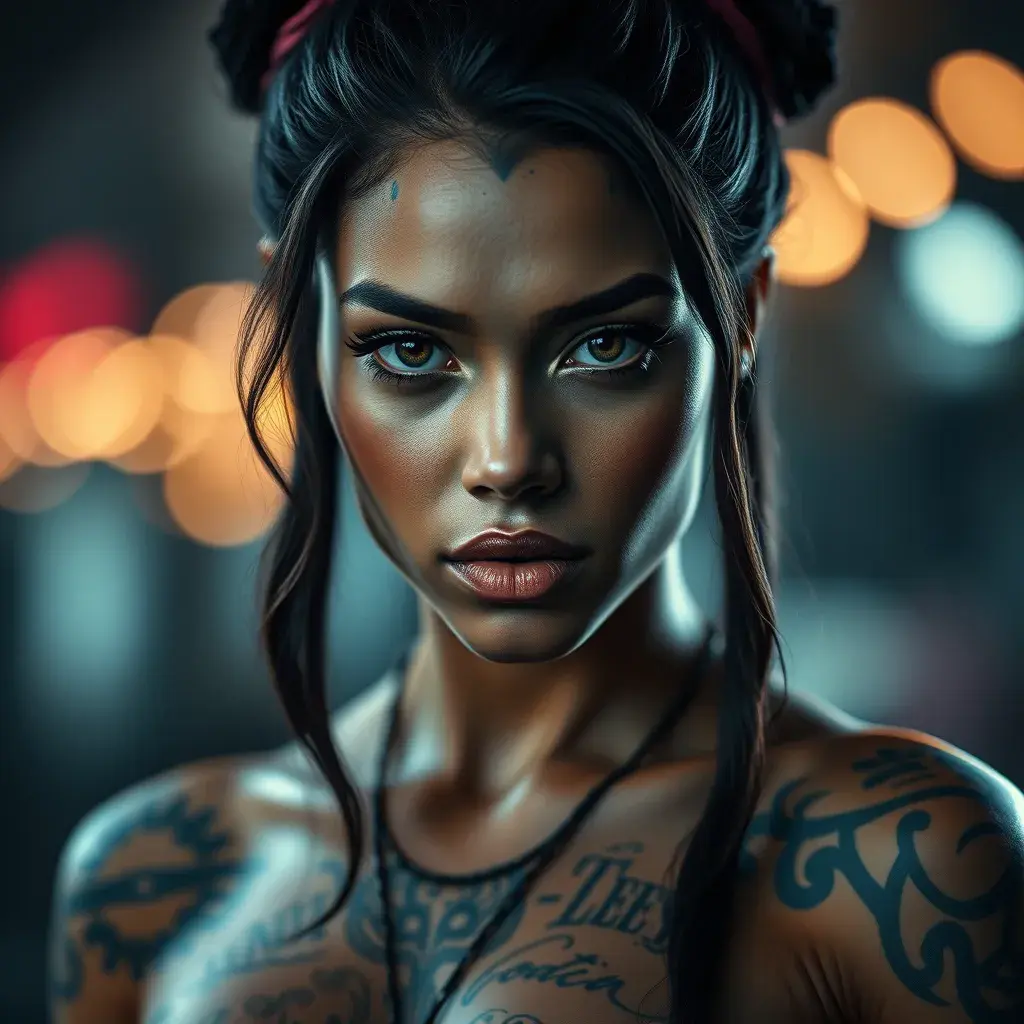 Matte portrait of Nidalee with tattoos, Highly Detailed, Alluring, Bokeh effect, Photo Realistic, Sharp Focus, Volumetric Lighting