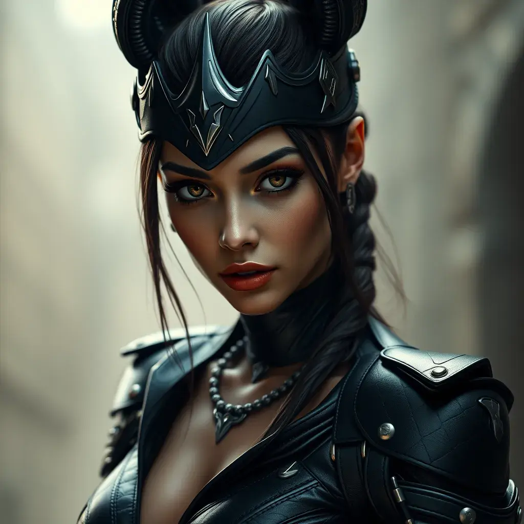 Alluring matte portrait of a beautiful Akali in black leather, 8k, Highly Detailed, Intricate, Half Body, Realistic, Sharp Focus, Volumetric Lighting, Fantasy, Elegant by Stanley Artgerm Lau, Alphonse Mucha, WLOP, Stefan Kostic