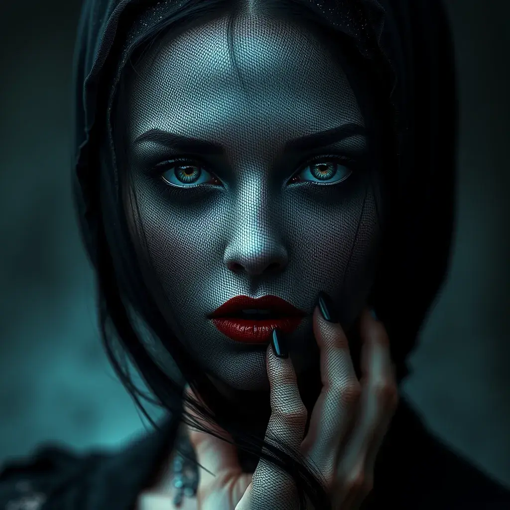 Alluring portrait of a beautiful raven black haired veiled vampire in the style of Stefan Kostic, 8k, High Definition, Highly Detailed, Intricate, Half Body, Realistic, Sharp Focus, Fantasy, Elegant