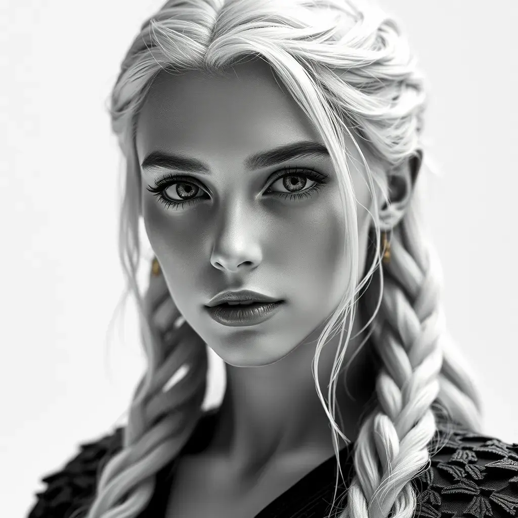 Alluring black and white matte portrait of a beautiful Daenerys Targaryen with a white background, 8k, Highly Detailed, Intricate, Half Body, Realistic, Sharp Focus, Volumetric Lighting, Fantasy, Elegant by Stanley Artgerm Lau