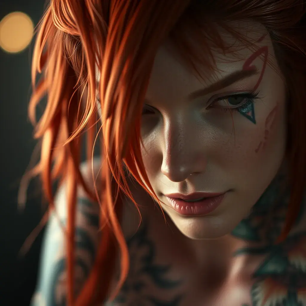 Close up of a red haired Sarah Kerrigan with tattoos, 8k, Highly Detailed, Artstation, Bokeh effect, Sharp Focus, Volumetric Lighting, Concept Art by Stanley Artgerm Lau, Greg Rutkowski