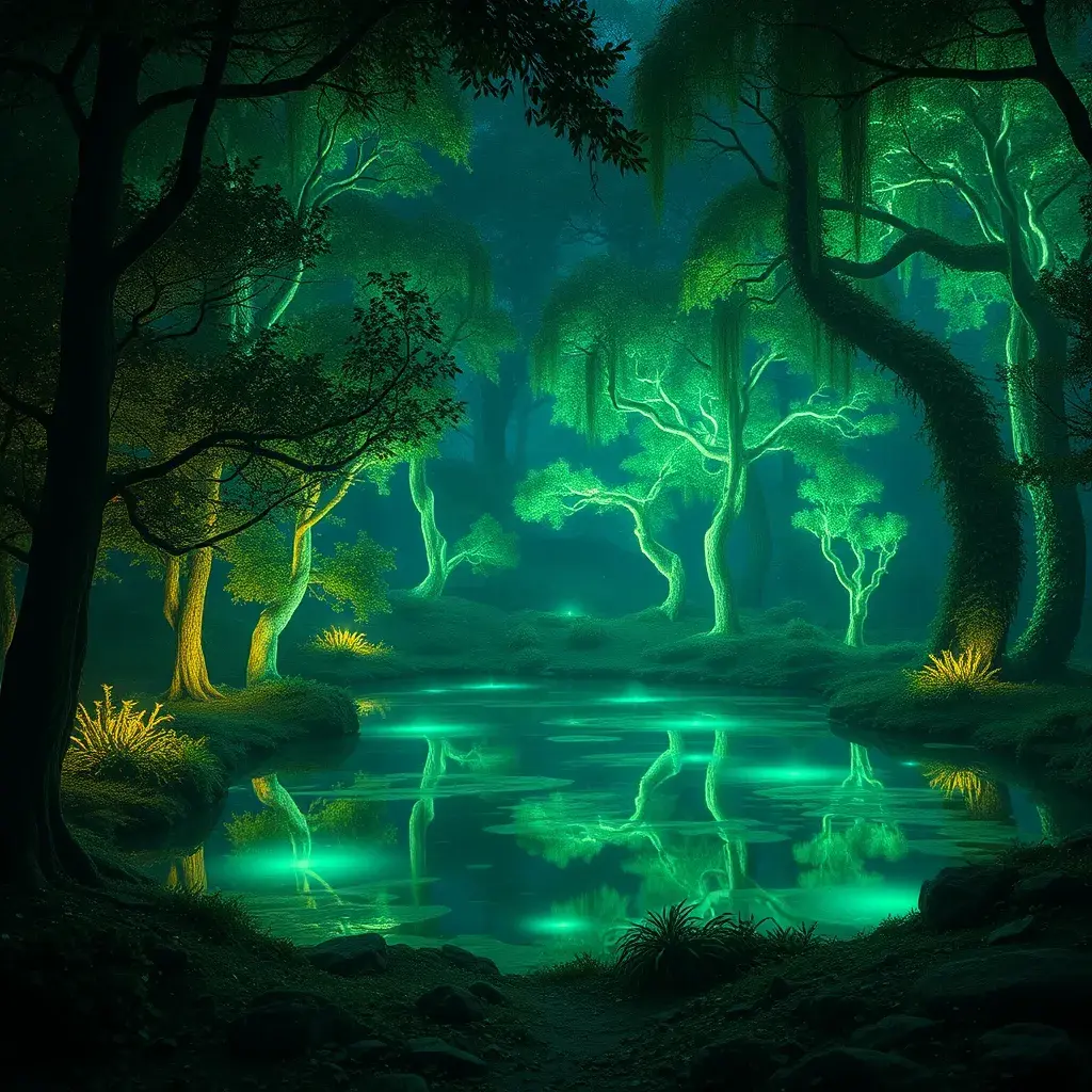 A magical pond in a fantasy forest with glowing green trees at night, 4k, HQ, Intricate, Artstation, Cinematic Lighting, Photo Realistic, Sharp Focus, Unreal Engine, Dark