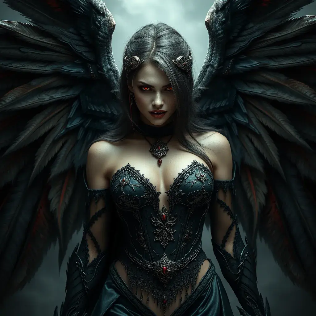 A beautiful fierce winged romanian vampire woman with fangs, red eyes, Intricate Details, Masterpiece, Full Body, Gothic, Photo Realistic, Deviantart, Volumetric Lighting