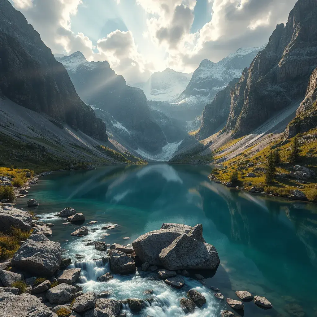 Lake in mountains streams and rivers flow down slopes of mountains and rocks into the valley spring in mountains, 8k, Award-Winning, Highly Detailed, Beautiful, Octane Render, Unreal Engine, Radiant, Volumetric Lighting by Greg Rutkowski