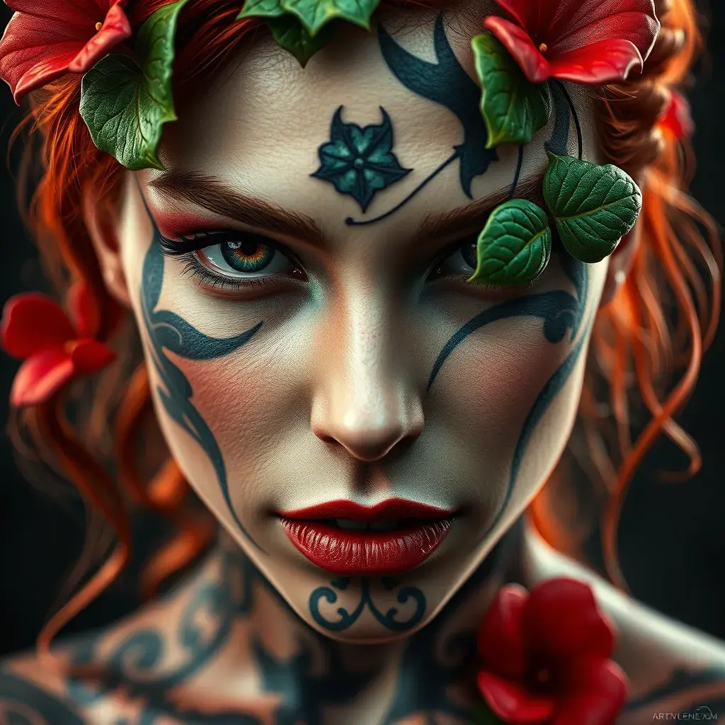 Closeup matte portrait of a tattooed Poison Ivy, 8k, Highly Detailed, Intricate, Artstation, Matte Painting, Sharp Focus, Concept Art by Stanley Artgerm Lau, Greg Rutkowski