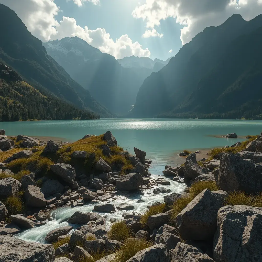 Lake in mountains streams and rivers flow down slopes of mountains and rocks into the valley spring in mountains, 8k, Award-Winning, Highly Detailed, Beautiful, Octane Render, Unreal Engine, Radiant, Volumetric Lighting by Greg Rutkowski