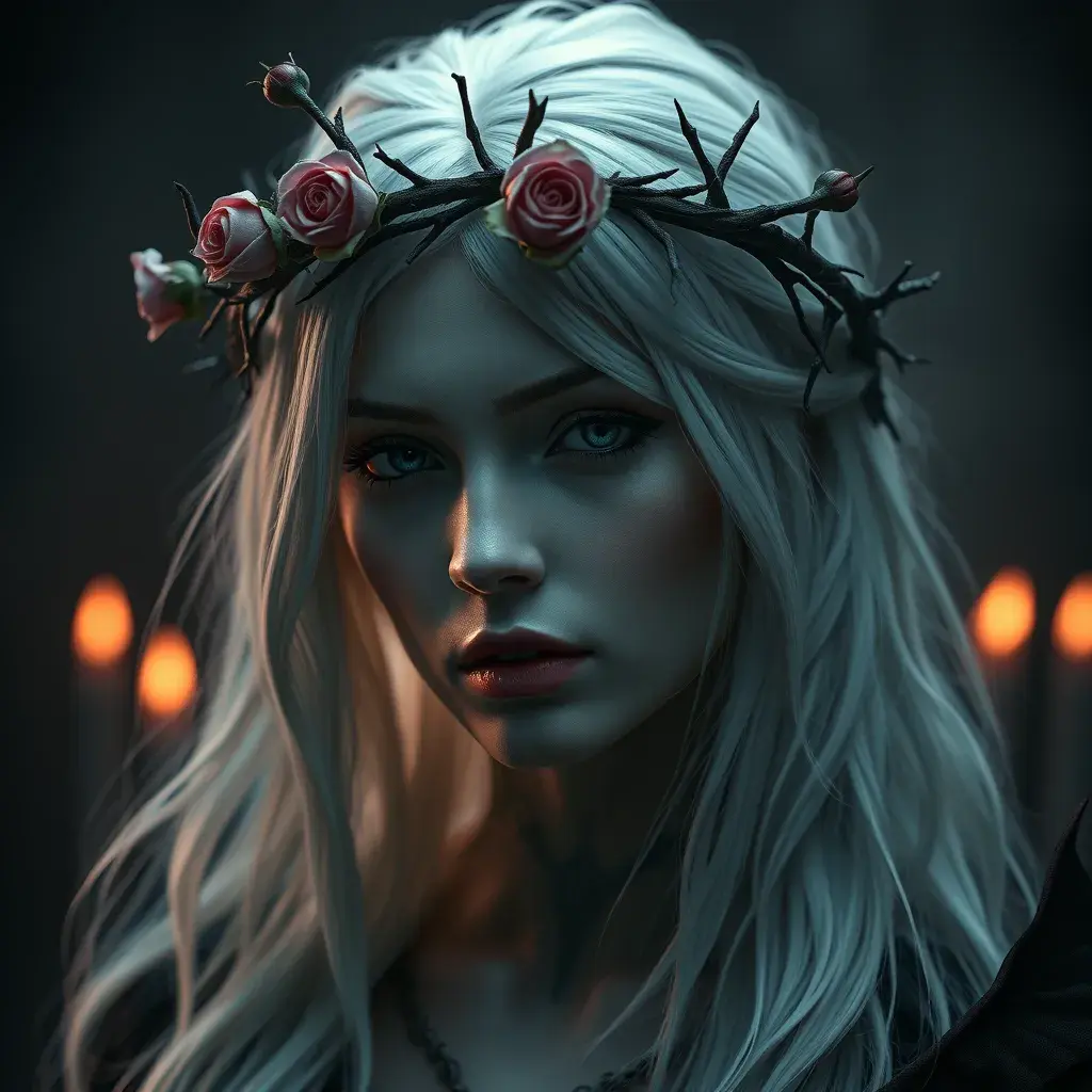 Alluring highly detailed matte portrait of a beautiful white haired vampire with a rose thorn crown in the style of Stefan Kostic, 8k, High Definition, Highly Detailed, Intricate, Half Body, Realistic, Sharp Focus, Fantasy, Elegant