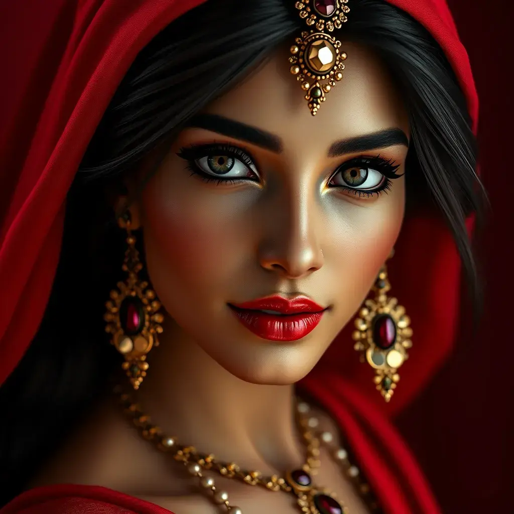 Matte portrait of the beautiful Princess Jasmine in dark red, 8k, Highly Detailed, Intricate, Realistic, Sharp Focus, Volumetric Lighting, Fantasy, Elegant by Stanley Artgerm Lau, Alphonse Mucha, WLOP, Stefan Kostic