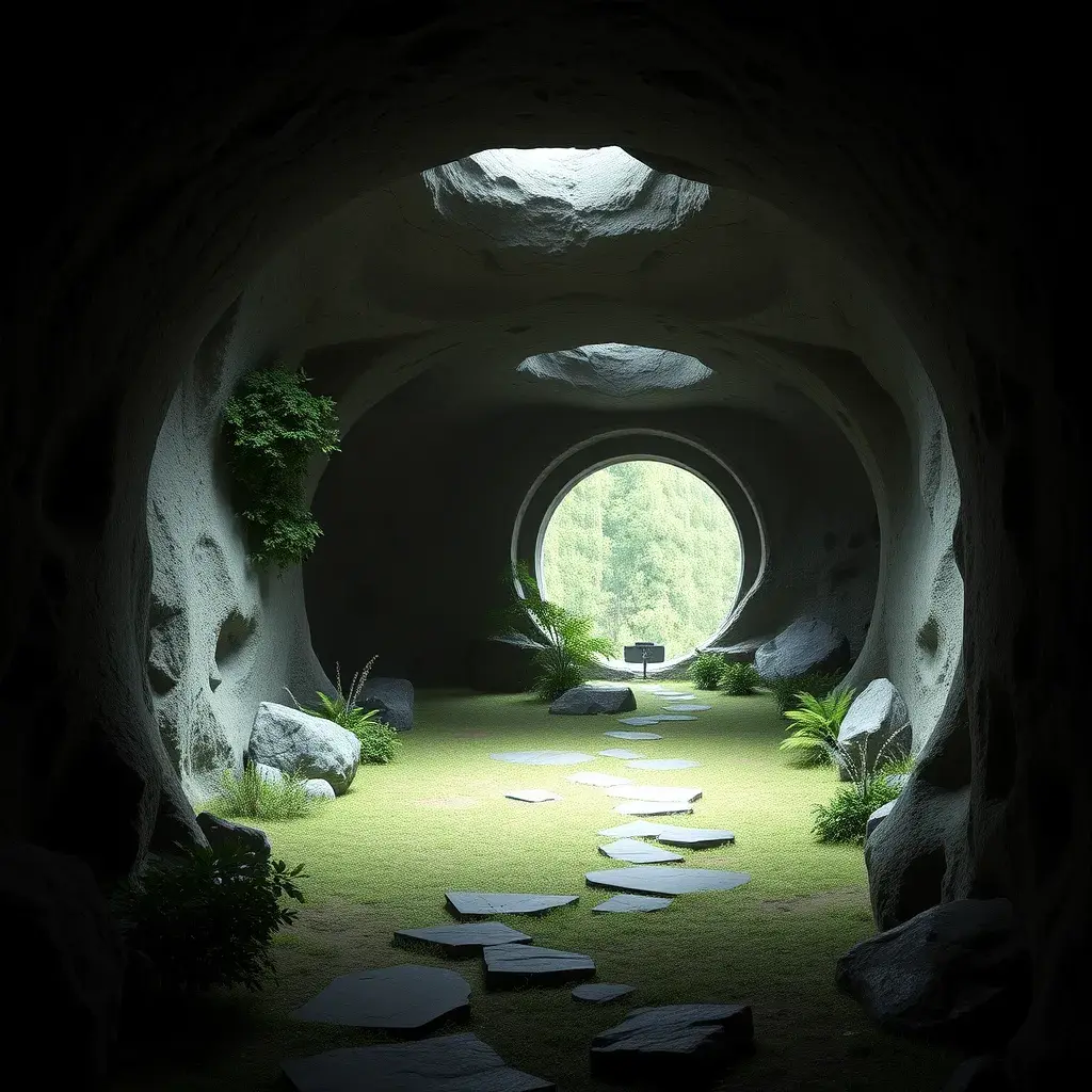 Arc hallway for secret overwatch habitation quarters carved inside a well lit cave surrounding a lush garden, 8k, Trending on Artstation, Minimalism, Unimaginable Beauty, Sharp Focus, 3D Rendering, Unreal Engine, Natural Light, Concept Art, Naturalism