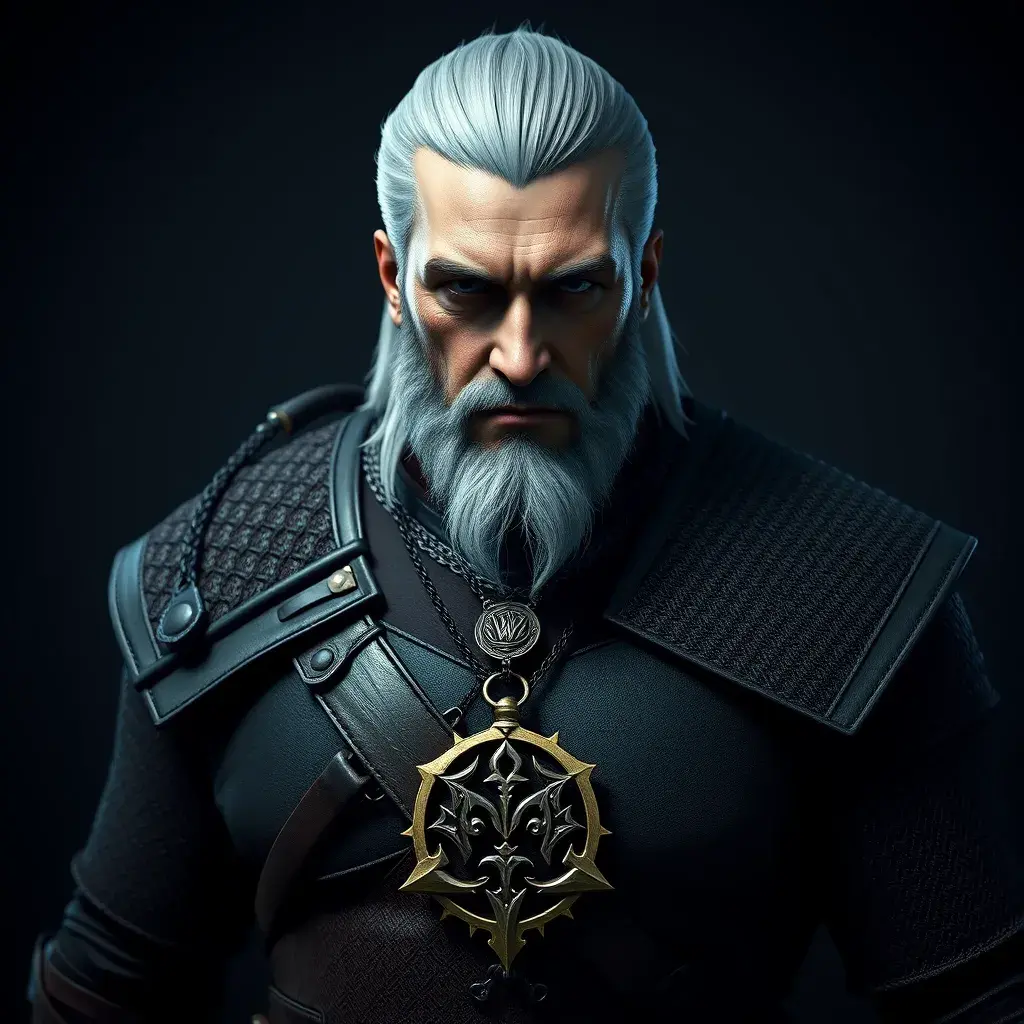 A full body matte portrait of Geralt in The Witcher 3 style wearing the Witcher emblem and medallion, Highly Detailed, Cinematic Lighting, Sharp Focus, Volumetric Lighting by Stefan Kostic