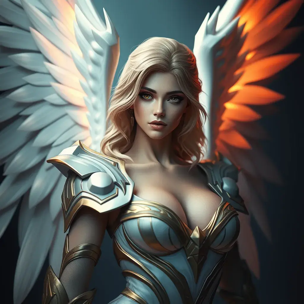 Alluring portrait of an angelic winged Kayle from League of Legends, Highly Detailed, Half Body, Photo Realistic, Sharp Focus, Octane Render, Unreal Engine, Volumetric Lighting, Fantasy