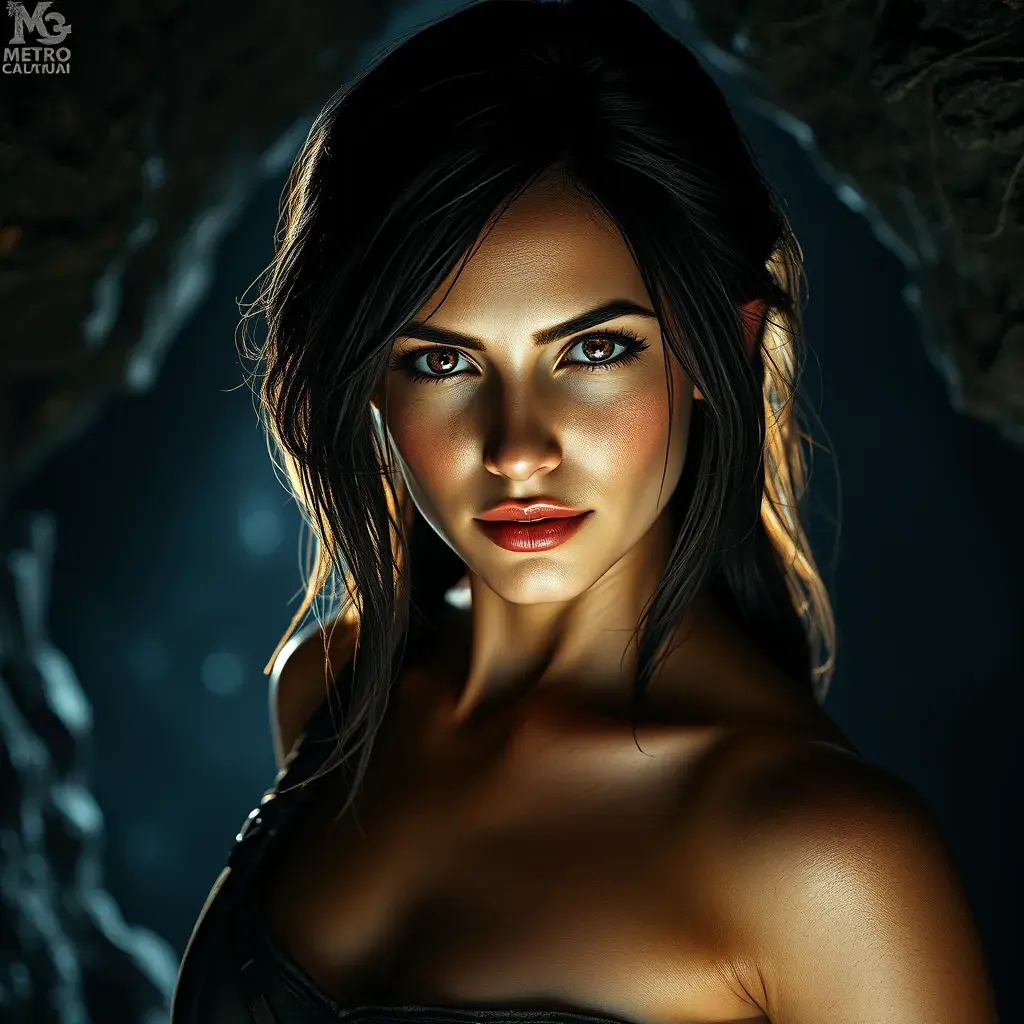 Alluring full body matte portrait of a beautiful Lara Croft in a well lit cave, 8k, Highly Detailed, Intricate, Photo Realistic, Sharp Focus, Volumetric Lighting, Fantasy, Elegant