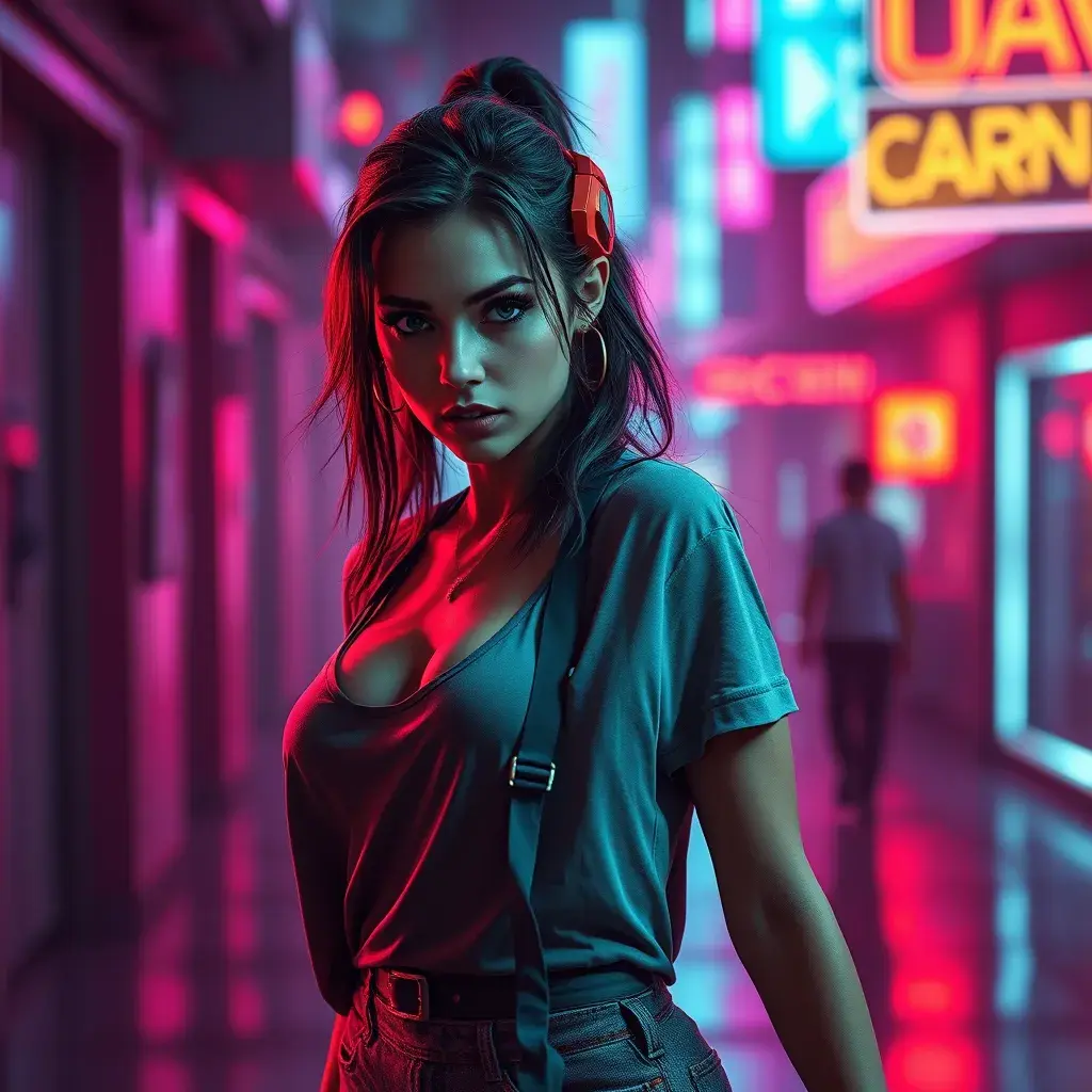 Beautiful woman walking with beatiful and detailed eyes, dynamic pose, slightly athletic beatiful body, Cybernatic and Sci-Fi, Full Body, Cyberpunk, Blade Runner 2049, Neon light effect, Neon, Futurism