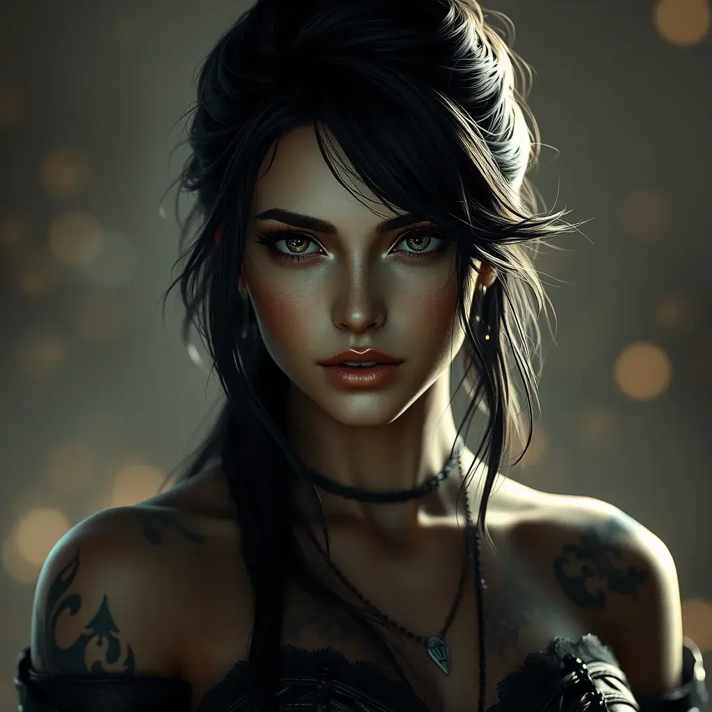 Matte portrait of Yennefer with tattoos, 8k, Highly Detailed, Alluring, Artstation, Bokeh effect, Sharp Focus, Volumetric Lighting, Concept Art by Stanley Artgerm Lau, Greg Rutkowski