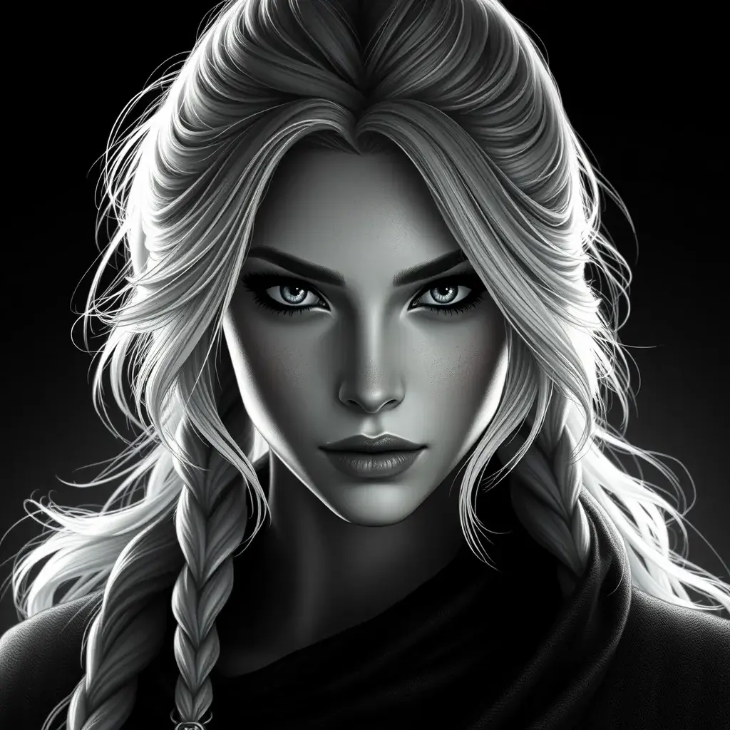 Black and White matte portrait of a beautiful Ciri from the Witcher 3, Highly Detailed, Beautiful, Glamour Shot, Elegant