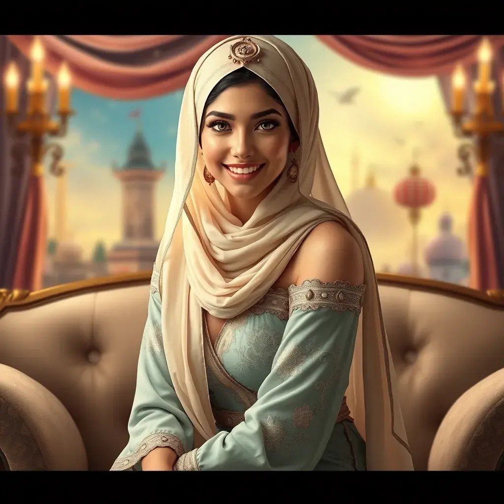 Fashion Illustration Style, A Woman in a headscarf Sitting on a sofa on a fairy-tale Background, Smiling like a Fairy Queen, Princess Jasmine, Photorealistic Disney, Disney Photos are Realistic, Princess Portrait, Disney-style Art, Beautiful Genie Girl, Disney Rendering, Disney Animation Style, Isabella Moner, Ivan Talavera Style and Artgerm, portrait of the Disney Veta, 8k, Highly Detailed, Intricate, Realistic, Sharp Focus, Volumetric Lighting, Fantasy, Elegant by Stanley Artgerm Lau, Alphonse Mucha, WLOP, Stefan Kostic