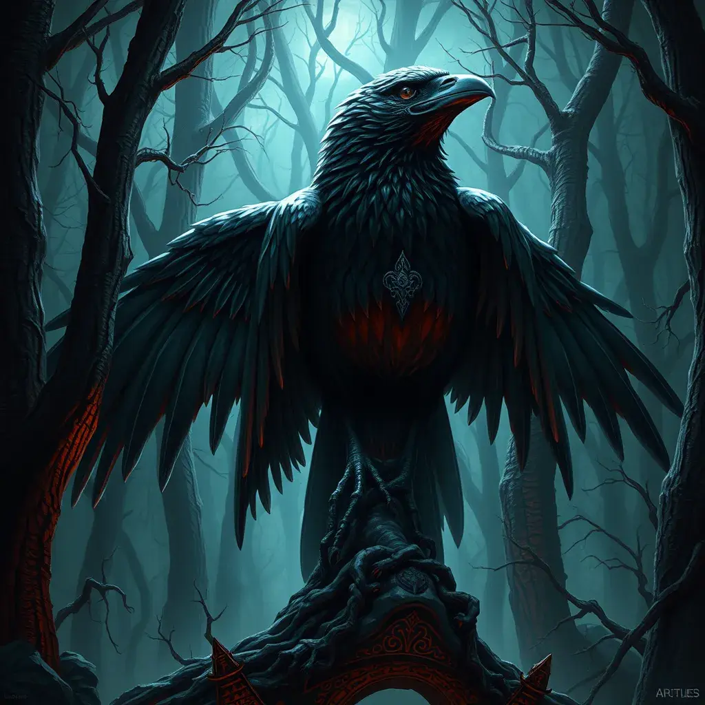 Raven in a haunted forest, Highly Detailed, Intricate, Gothic, Volumetric Lighting, Fantasy, Dark by Stanley Artgerm Lau