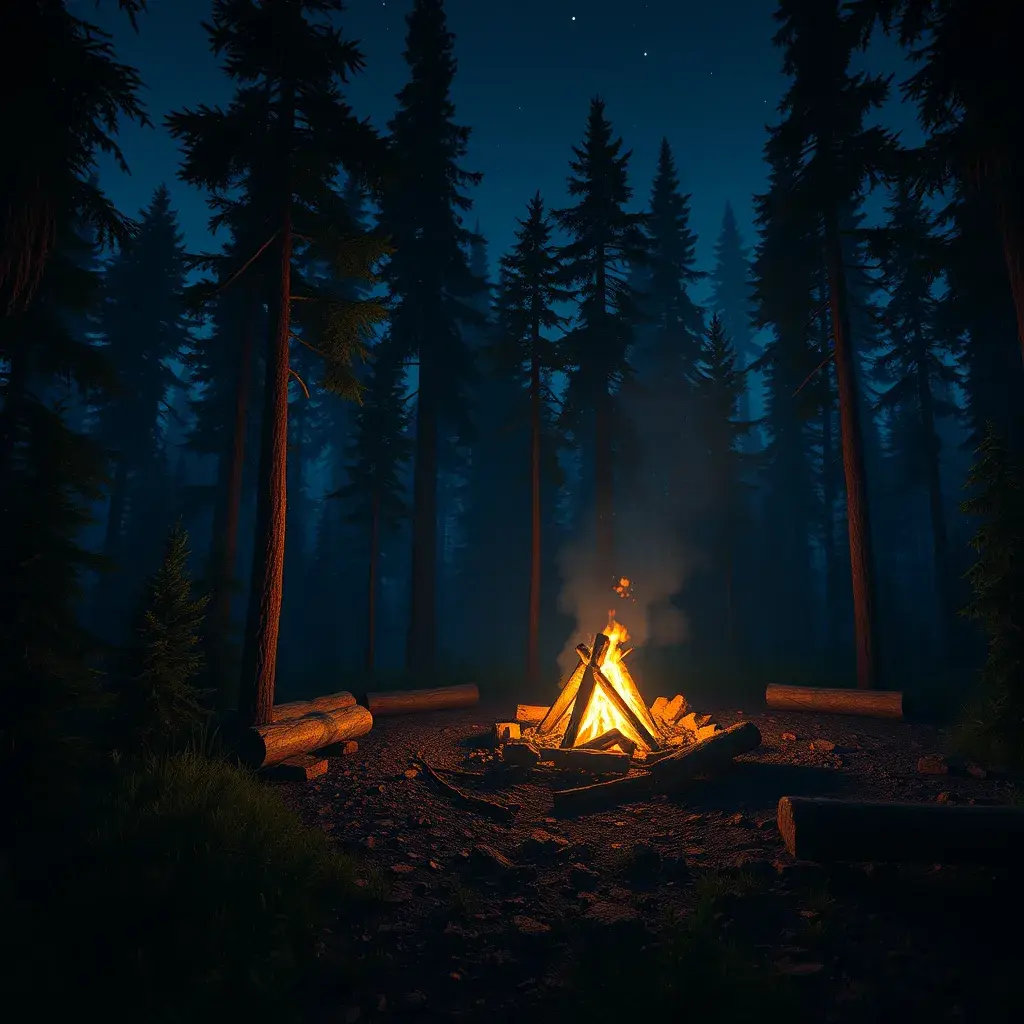 A highly detailed matte painting of a camp fire in the forest at night in the style of Firewatch, 4k resolution, Masterpiece, Trending on Artstation, Volumetric Lighting