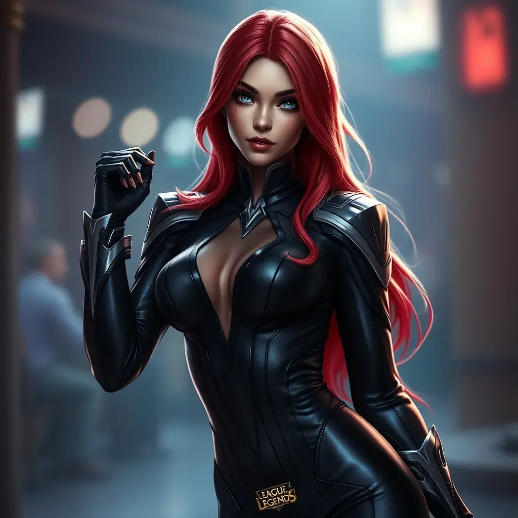 Alluring portrait of a beautiful Katarina from League of Legends in a tight suit, Highly Detailed, Full Body, Bokeh effect, Photo Realistic, Sharp Focus by Stefan Kostic