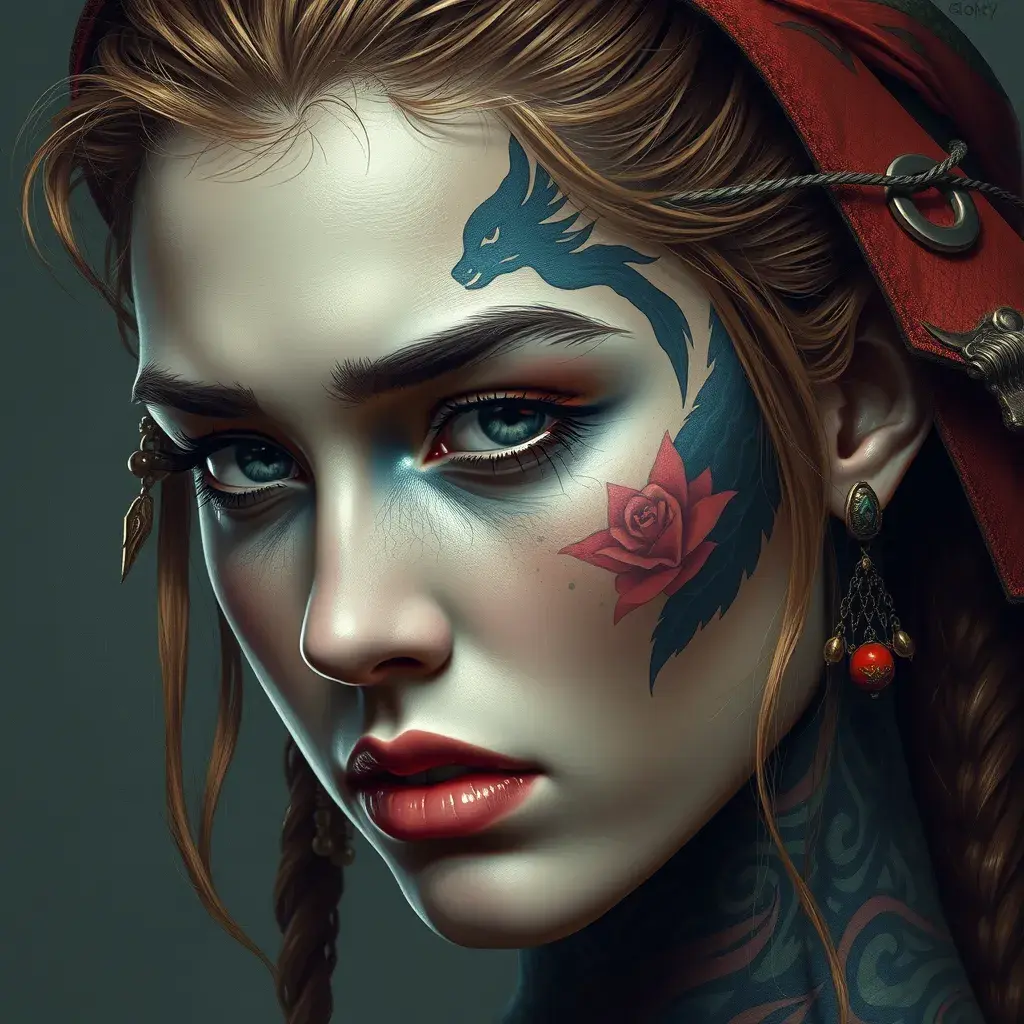 Colorful portrait of a tattooed Aloy with a grey scale face, 4k, Highly Detailed, Hyper Detailed, Powerful, Artstation, Vintage Illustration, Digital Painting, Sharp Focus, Smooth, Concept Art by Stanley Artgerm Lau, Alphonse Mucha, Greg Rutkowski