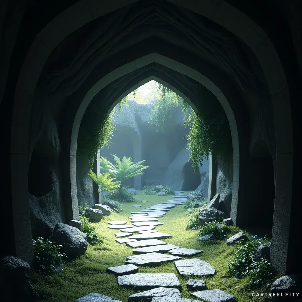 Arc hallway for secret overwatch habitation quarters carved inside a cave surrounding a lush garden, 8k, Trending on Artstation, Minimalism, Unimaginable Beauty, Sharp Focus, 3D Rendering, Unreal Engine, Natural Light, Concept Art, Naturalism