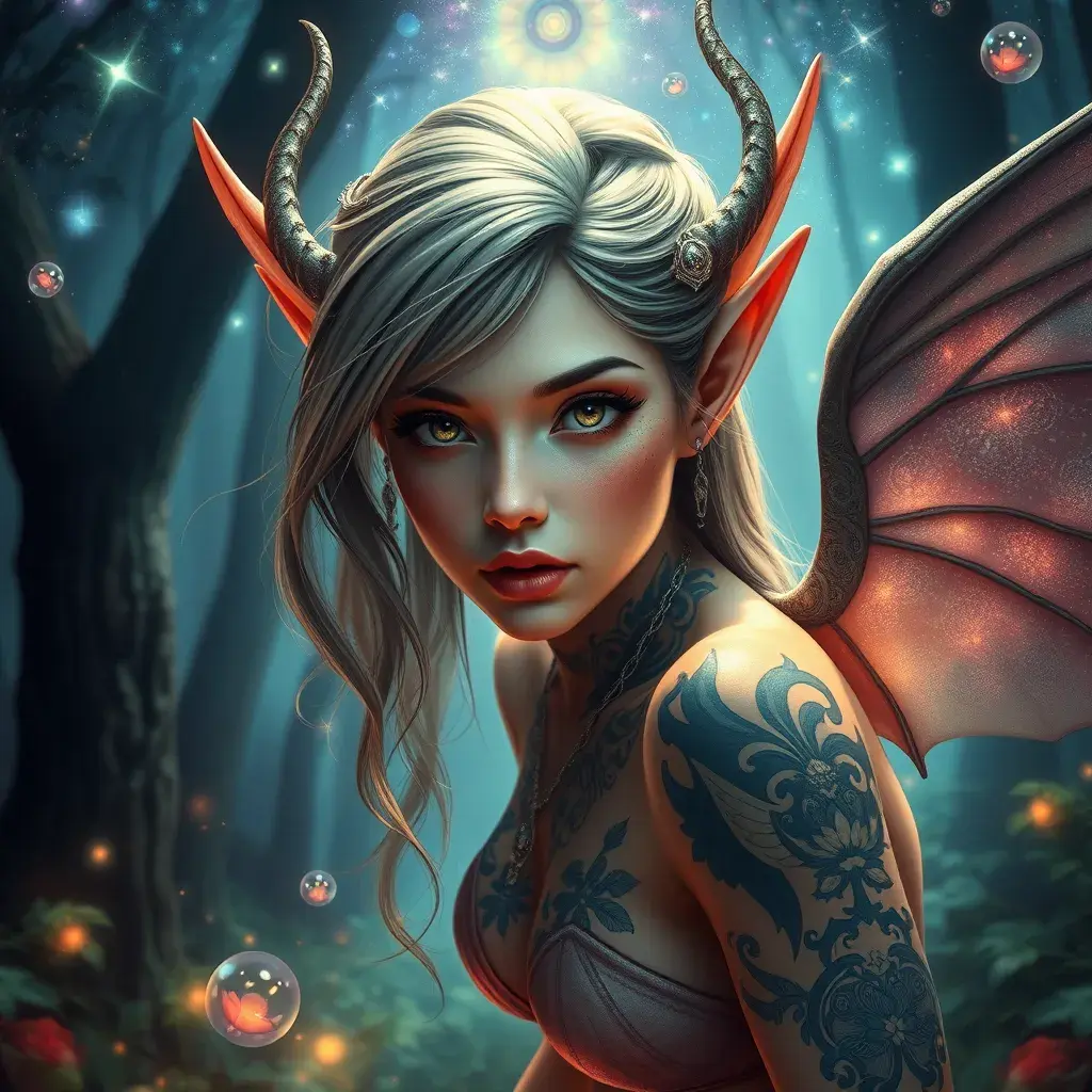 Beautiful elf in a magical forest, 4k, Highly Detailed, Hyper Detailed, Masterpiece, Full Body, Cosmic Nebulae, Full Lips, Pretty Face, Tattoos, Wings, Digital Illustration, Bloom light effect, Cinematic Lighting, Realistic, Sharp Focus, Deviantart, Centered, Beautifully Lit, Bioluminescent, Radiant, Vibrant Colors by Stanley Artgerm Lau, Alphonse Mucha, Greg Rutkowski, Stefan Kostic