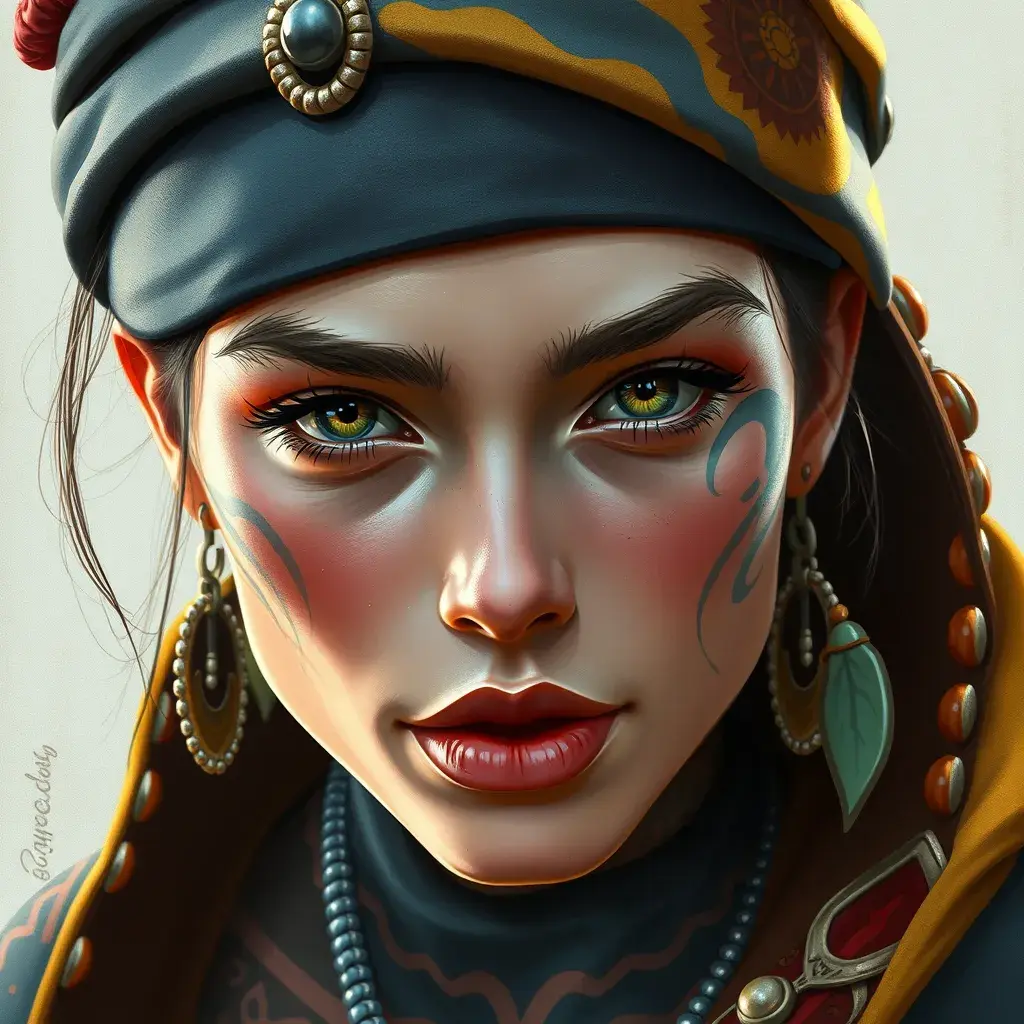 Colorful portrait of a tattooed Aloy with a grey scale face, 4k, Highly Detailed, Hyper Detailed, Powerful, Artstation, Vintage Illustration, Digital Painting, Sharp Focus, Smooth, Concept Art by Stanley Artgerm Lau, Alphonse Mucha, Greg Rutkowski