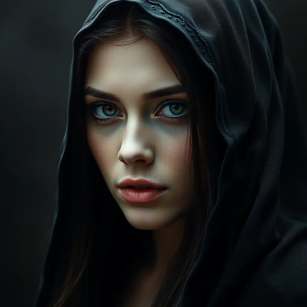 Alluring matte portrait of a beautiful veiled Yennefer wearing a black veil with long straight hair, 8k, Highly Detailed, Intricate, Half Body, Realistic, Sharp Focus, Volumetric Lighting, Fantasy, Elegant