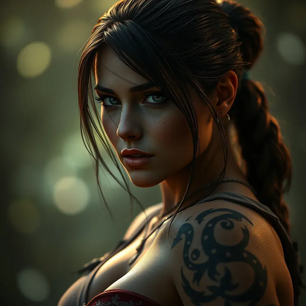 Matte portrait of beautiful Lara Croft with tattoos, 8k, Highly Detailed, Alluring, Artstation, Bokeh effect, Sharp Focus, Volumetric Lighting, Concept Art by Stanley Artgerm Lau, Greg Rutkowski