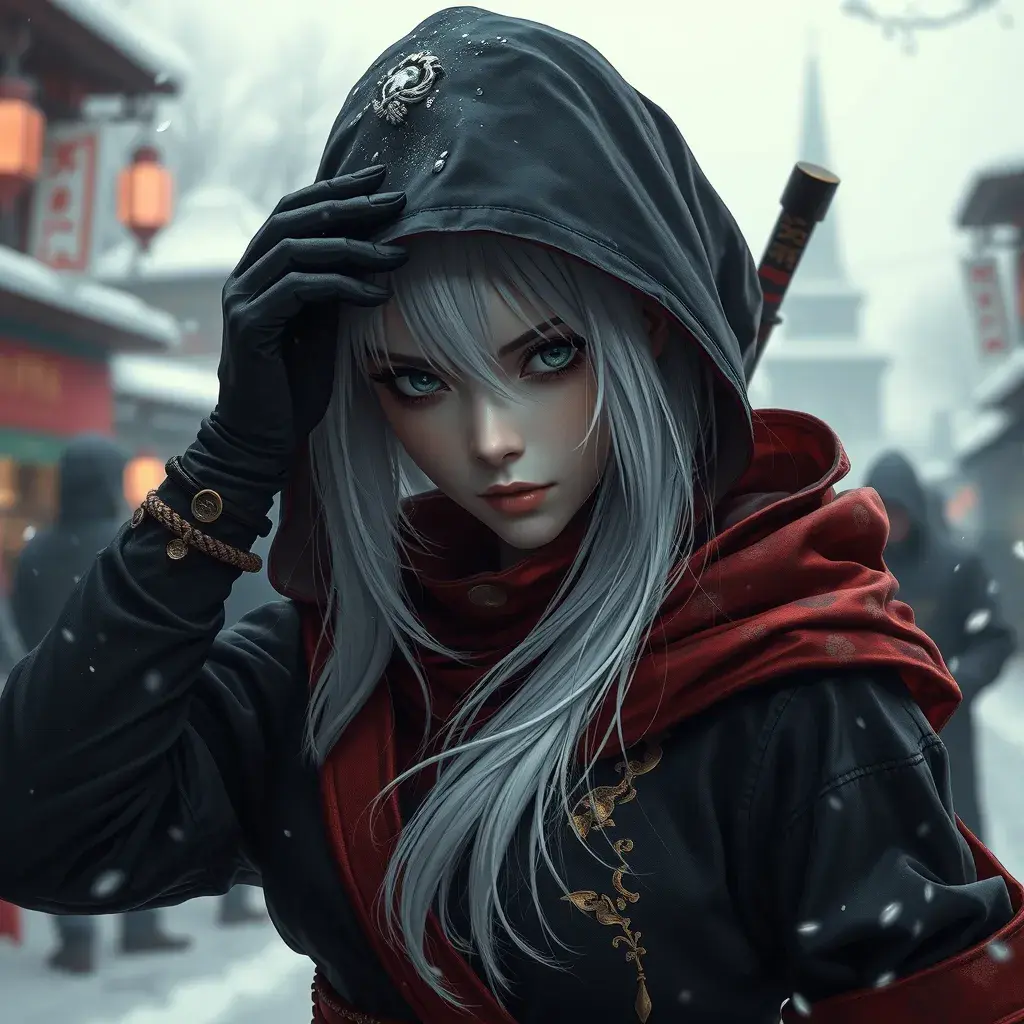 Mysterious beautiful white kunoichi ninja wearing black, red and gold in the streets of a dark snowy town in russia, 8k, Intricate Details, Trending on Artstation, White Hair by Stanley Artgerm Lau, WLOP