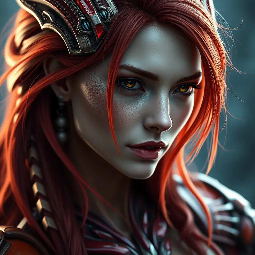 Alluring half body portrait of Star Craft's red haired Sarah Kerrigan alien Protoss, 8k, Highly Detailed, Intricate, Half Body, Realistic, Sharp Focus, Volumetric Lighting, Fantasy, Elegant by Stanley Artgerm Lau, WLOP, Stefan Kostic