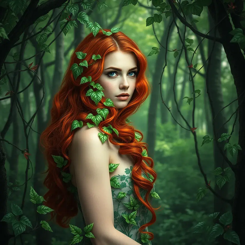 An beautiful red headed Poison Ivy in a magical green forest, Intricate, Half Body, Photo Realistic