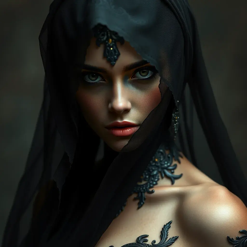 Alluring matte portrait of a beautiful veiled Nidalee wearing a black veil, 8k, Highly Detailed, Intricate, Half Body, Realistic, Sharp Focus, Volumetric Lighting, Fantasy, Elegant by Stanley Artgerm Lau, Alphonse Mucha, WLOP