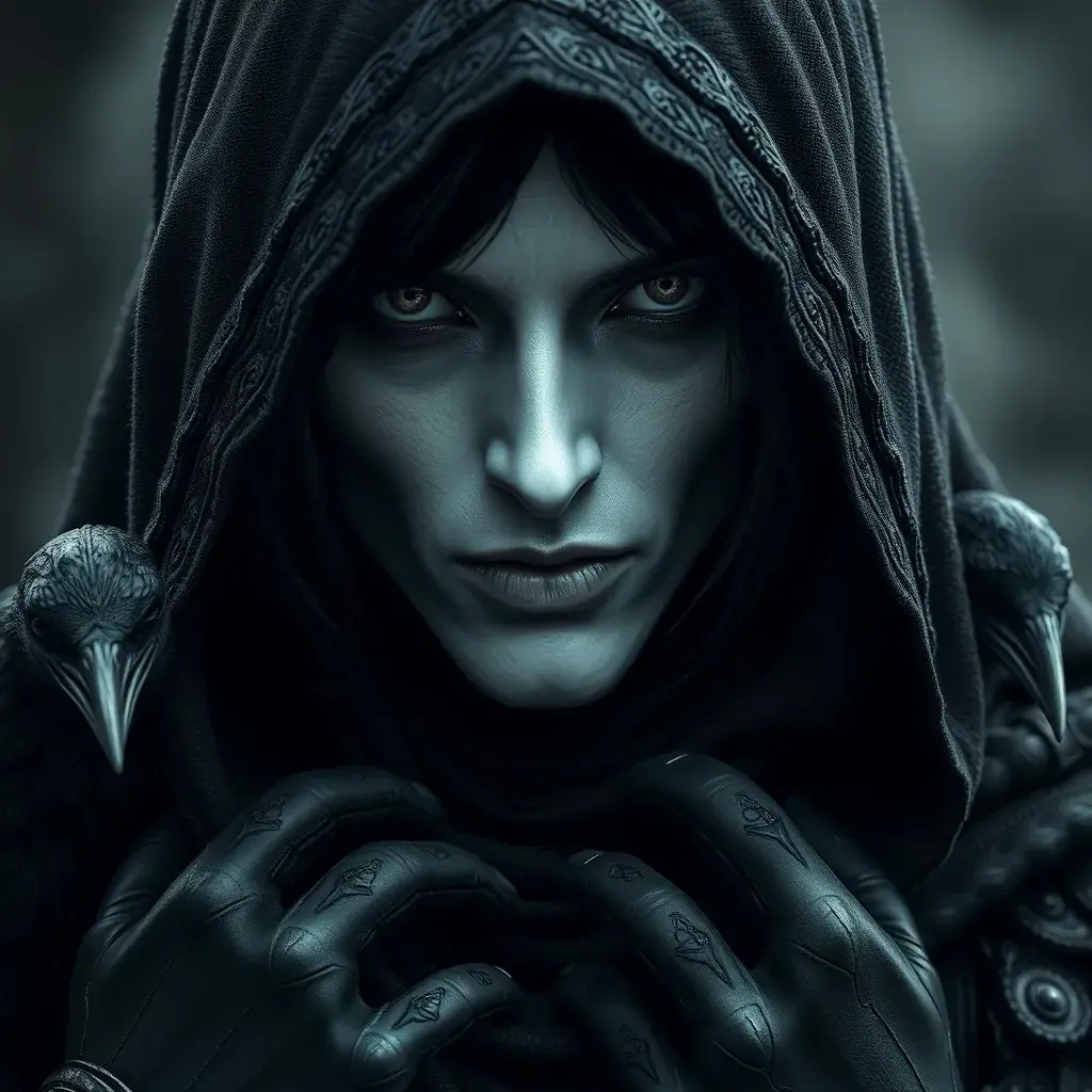 Intricate portrait of a horrifying pale assassin dusk elf, black hair, black eyes, fully covering black hooded armor, ravens, 8k, Gothic and Fantasy, Beautiful, Sci-Fi, Photo Realistic