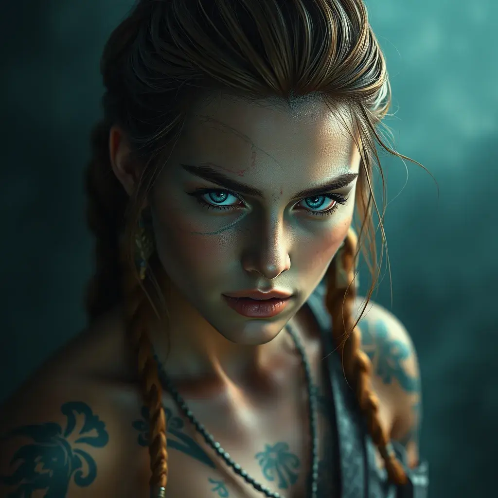 Matte portrait of Aloy with tattoos, 8k, Highly Detailed, Powerful, Alluring, Artstation, Magical, Digital Painting, Photo Realistic, Sharp Focus, Volumetric Lighting, Concept Art by Stanley Artgerm Lau, Alphonse Mucha, Greg Rutkowski