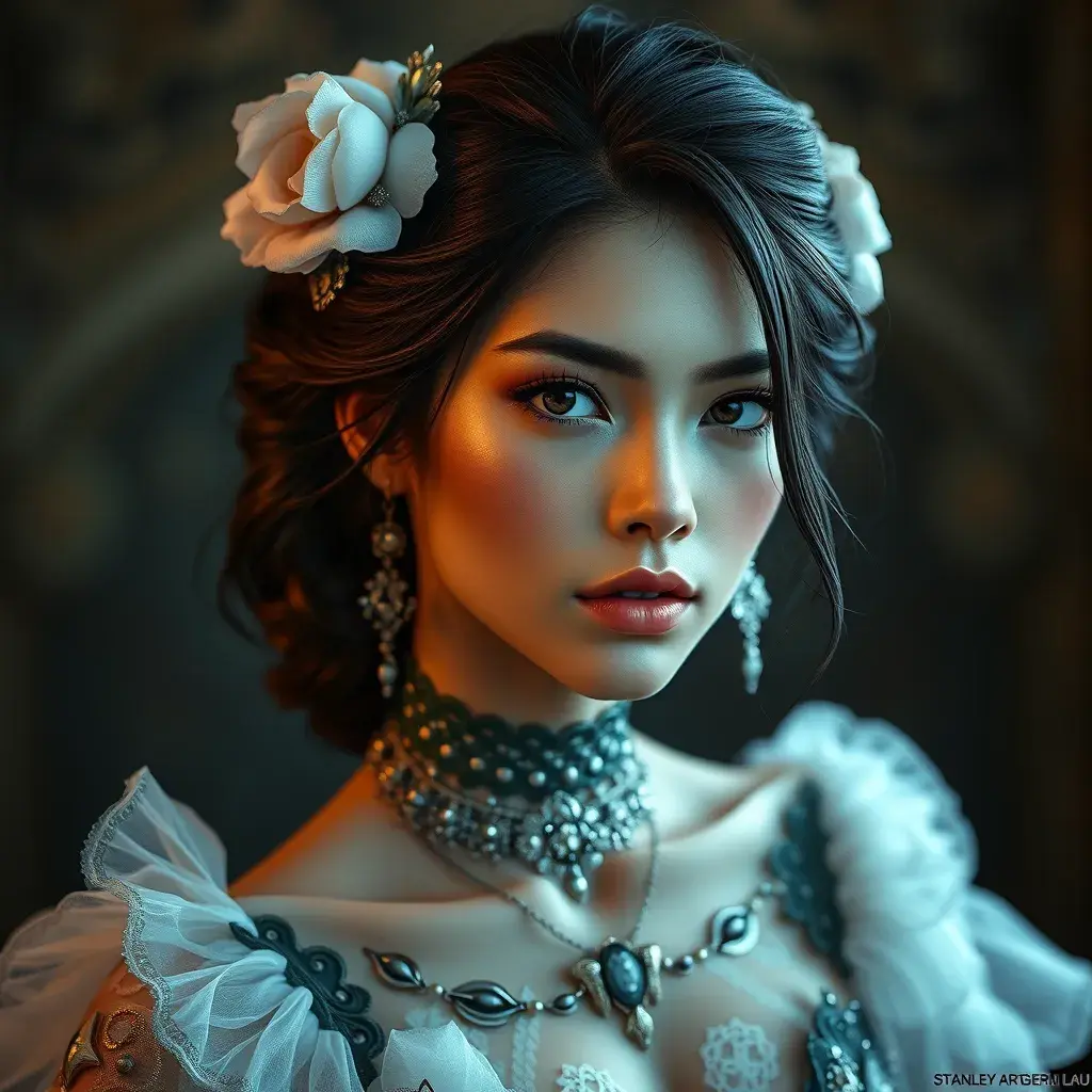 Alluring matte portrait of a beautiful Seraphine, 8k, Highly Detailed, Intricate, Half Body, Realistic, Sharp Focus, Volumetric Lighting, Fantasy, Elegant by Stanley Artgerm Lau, WLOP