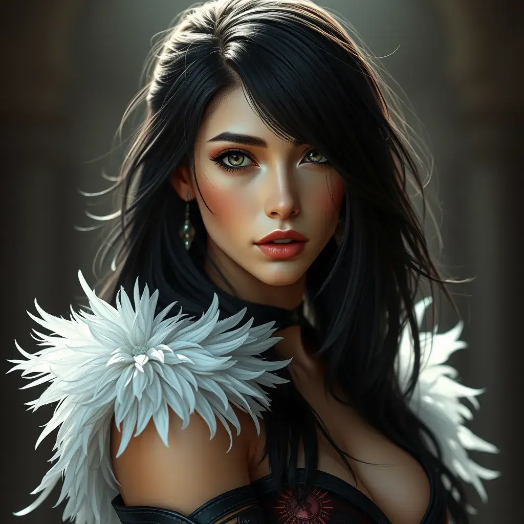 Alluring matte portrait of a beautiful Tifa Lockhart wearing feathers, 8k, Highly Detailed, Intricate, Half Body, Realistic, Sharp Focus, Volumetric Lighting, Fantasy, Elegant by Stanley Artgerm Lau, Alphonse Mucha, WLOP