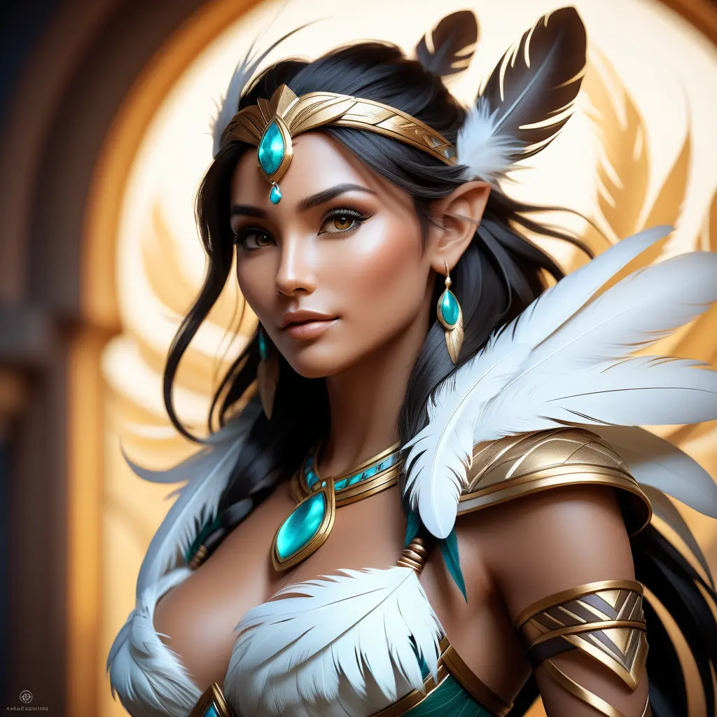 Alluring matte portrait of a beautiful Nidalee wearing feathers, 8k, Highly Detailed, Intricate, Half Body, Realistic, Sharp Focus, Volumetric Lighting, Fantasy, Elegant by Stanley Artgerm Lau, Alphonse Mucha, WLOP