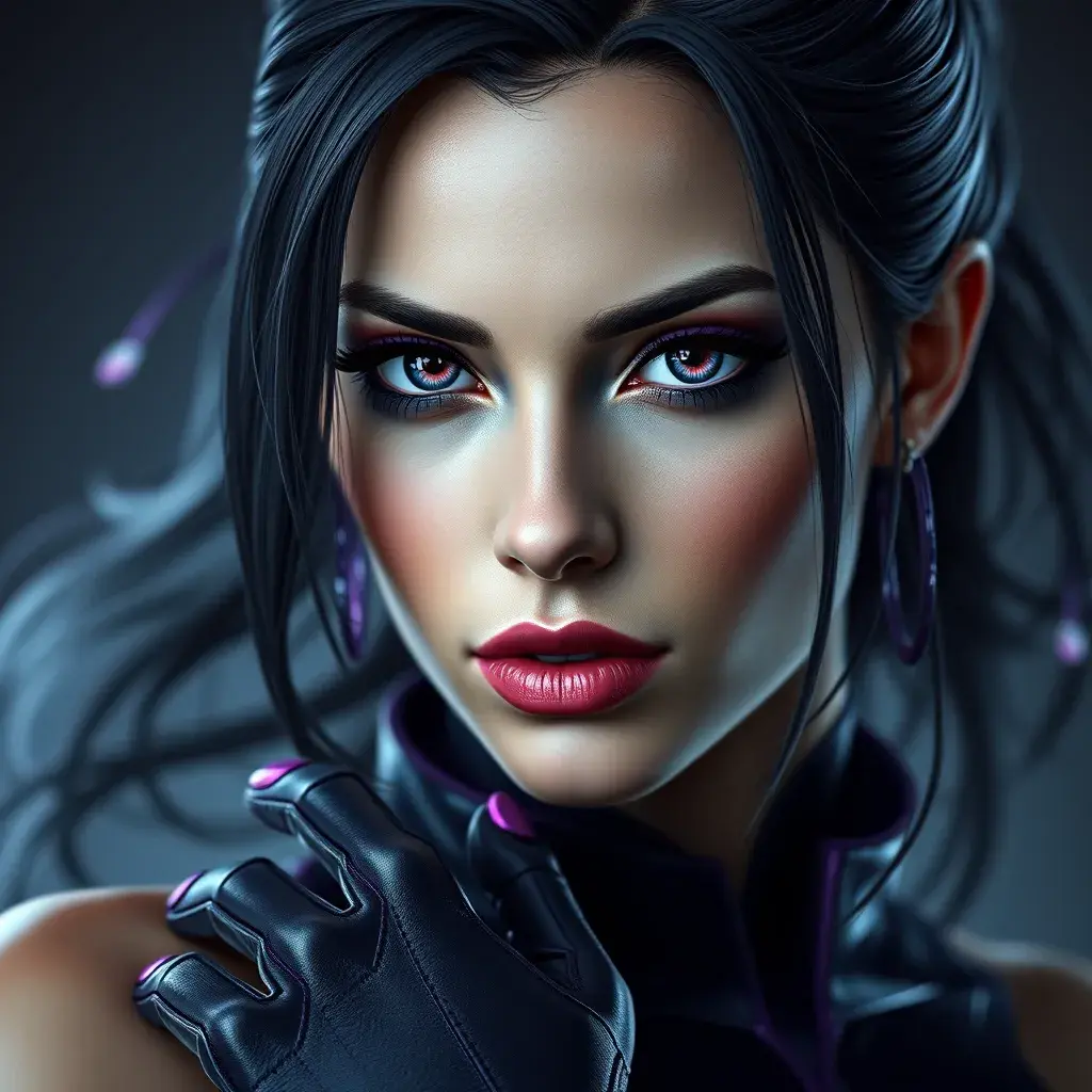 Alluring matte portrait of a beautiful Psylocke from Xmen in the style of Stefan Kostic, 8k, Highly Detailed, Intricate, Half Body, Realistic, Sharp Focus, Volumetric Lighting, Fantasy, Elegant by Stanley Artgerm Lau