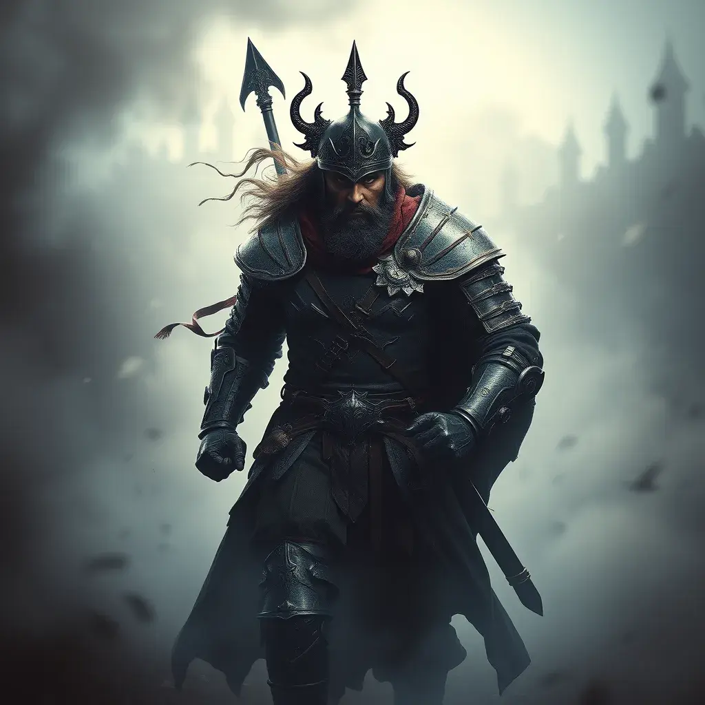 A strong medieval warrior emerging from the fog of war, Highly Detailed, Gothic and Fantasy, Sharp Focus, Volumetric Lighting, Fantasy, Elegant